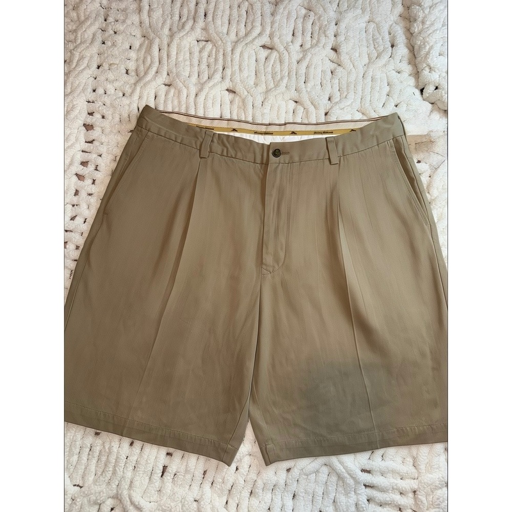 Tommy Bahama Mens 38 Silk Bamboo Blend Pleated Shorts‎ Khaki Tan Island Casual